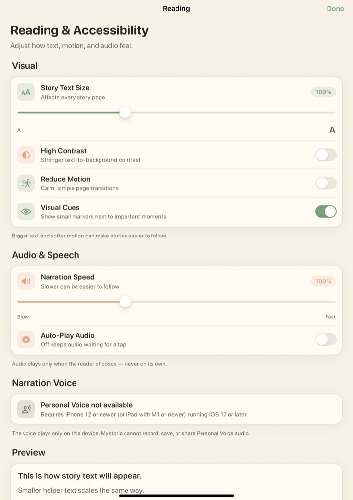 Reading and accessibility settings in Mystoria