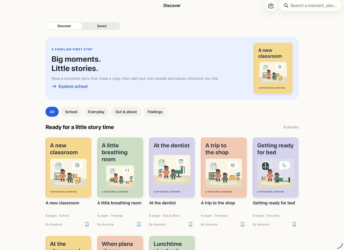 Discover screen in Mystoria with starter stories