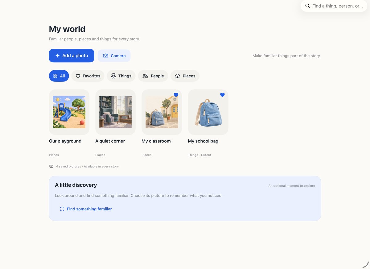 My world screen in Mystoria with saved photos of a playground, a quiet corner and a school bag