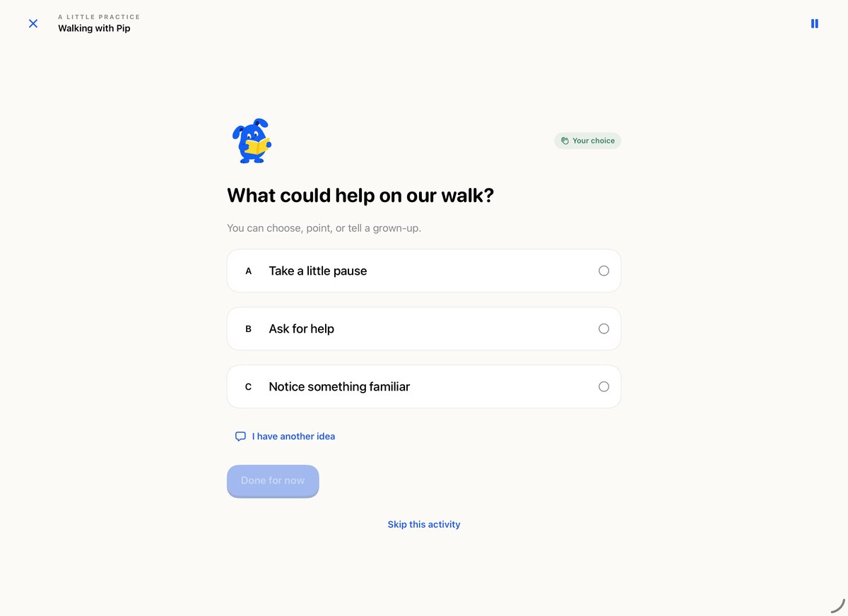 A little practice screen in Mystoria asking what could help on our walk