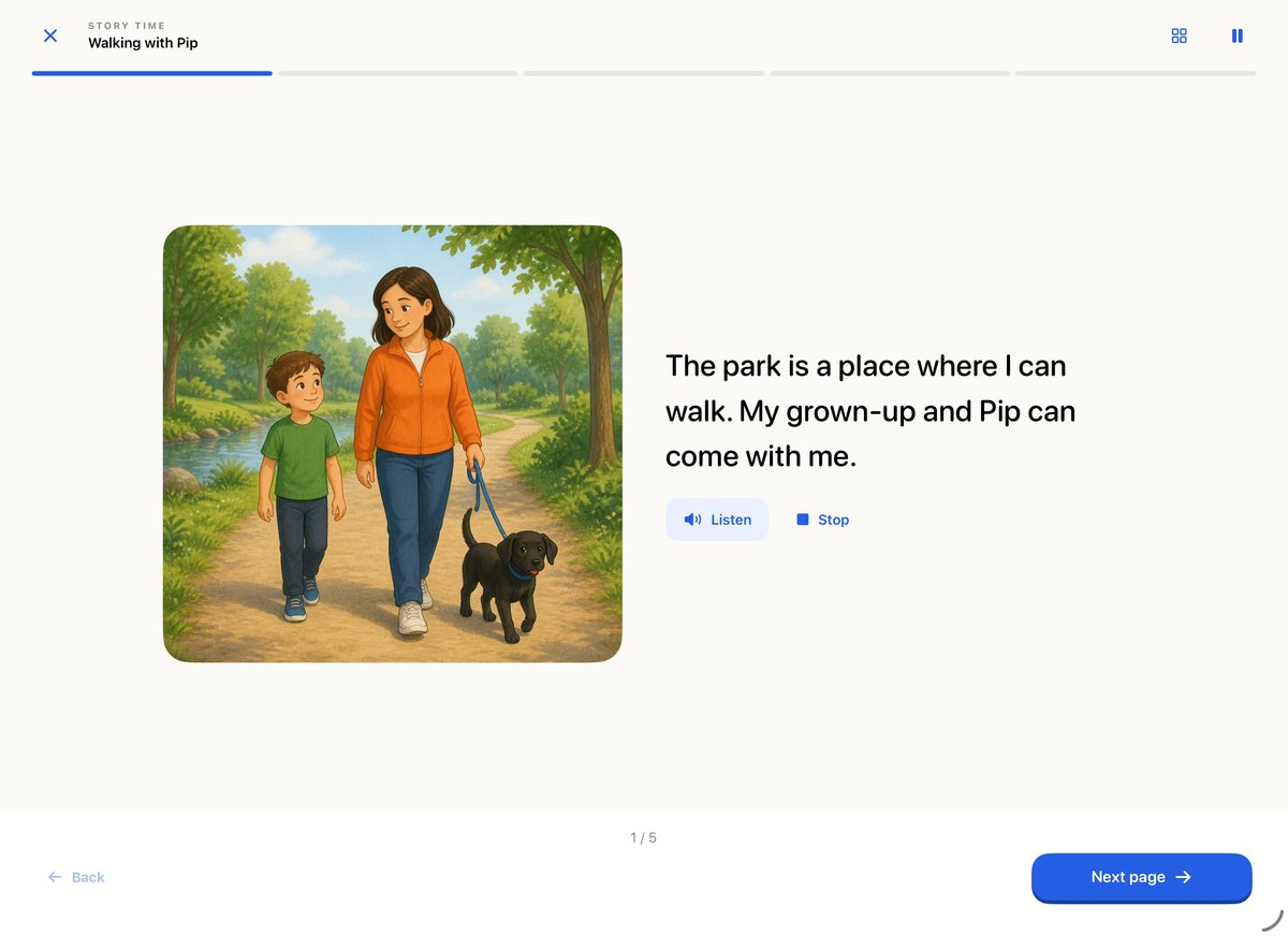 Story time screen in Mystoria showing a page with a picture and text