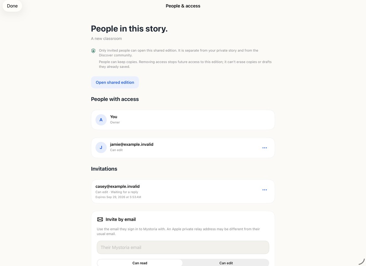 People and access screen in Mystoria for a privately shared story